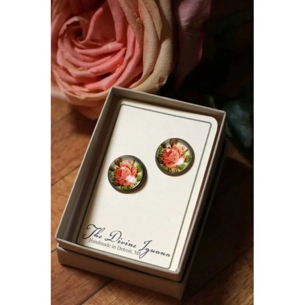 Victorian Tea Rose Stud‎ Earrings - Antique Bronze Romantic Floral Jewelry